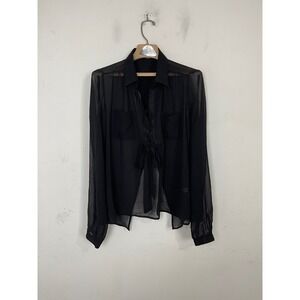 Cecico Black Sheer Chiffon Tie‎ Front Split Back Long Sleeve Blouse Size L